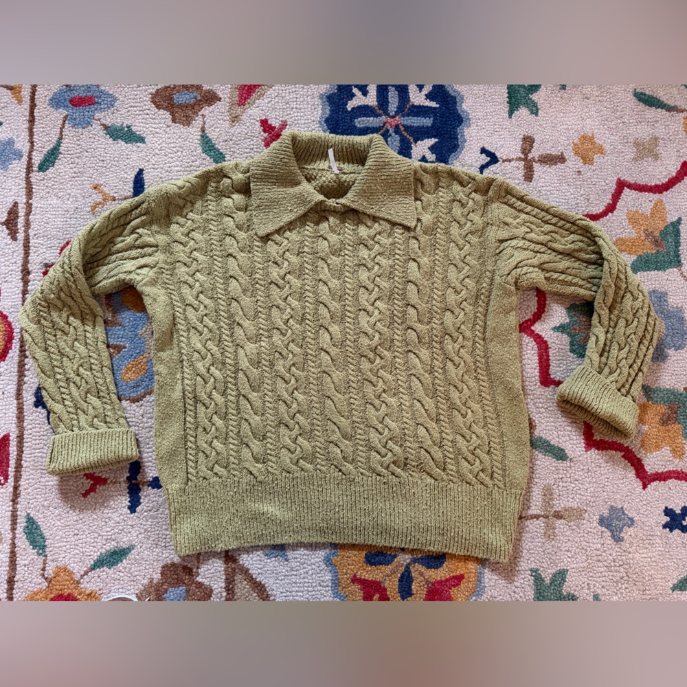 Free People Cable Knit Collared Bright Brat Green Sweater